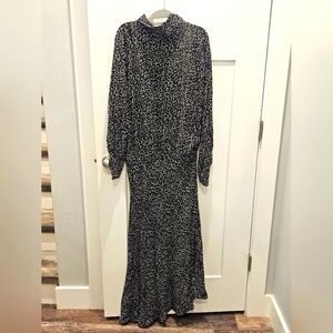 Zara Black White Dotted Midi Dress M Long Sleeve Mock Neck Waist Detail
